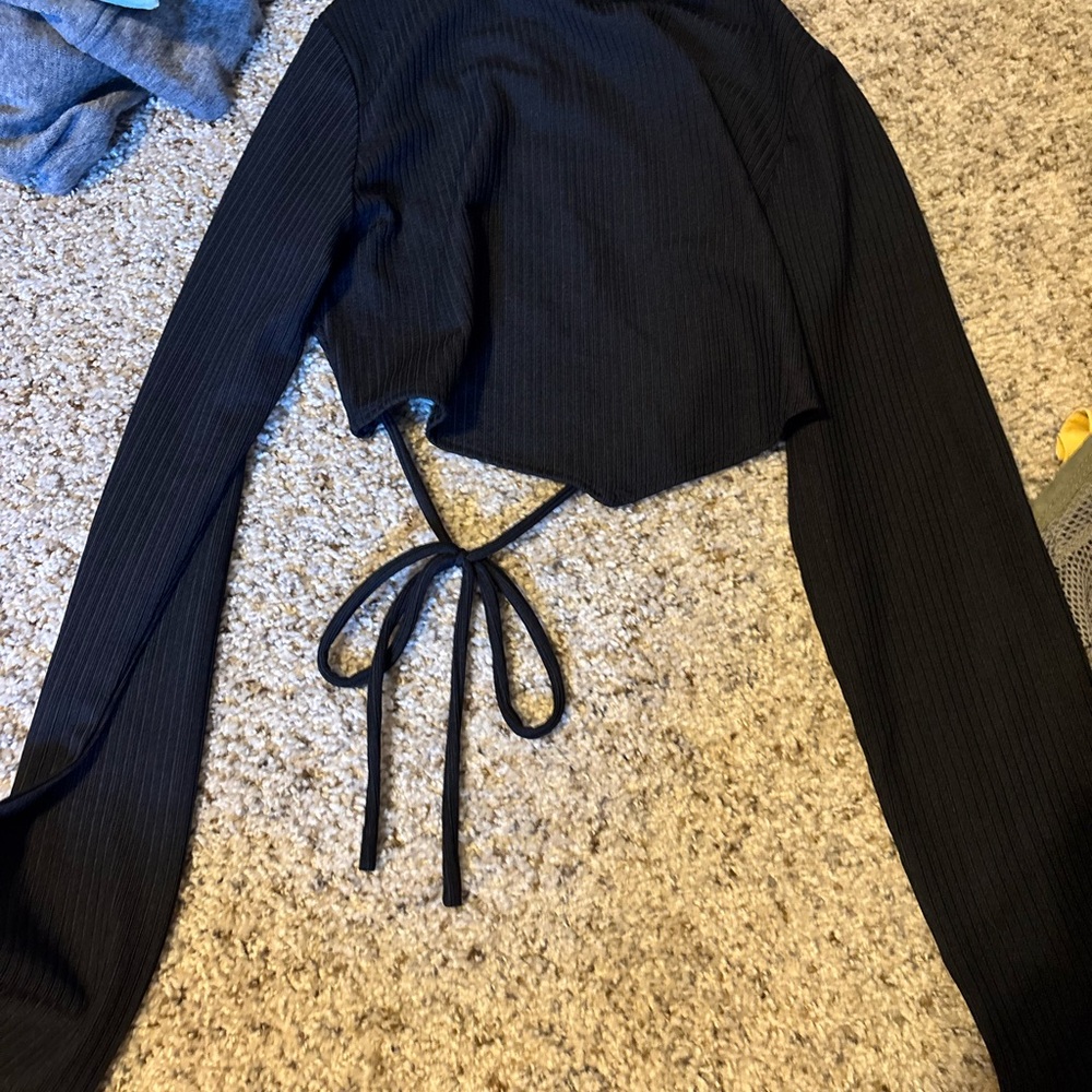 Black Ribbed Long Sleeve Crop Top with Tie Back